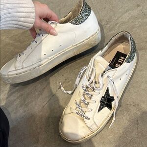 Golden Goose White Sneakers with Black Star and Glitter Heel size 41